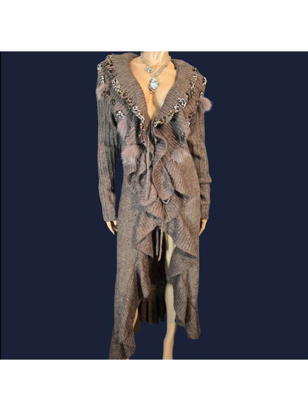 Vintage Forla Paris Brown Ruffled Full Length Cardigan Size M Y2K 2000s Fairy